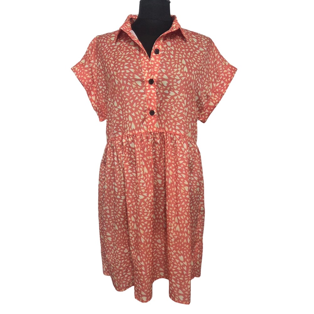 Umgee Orange Ditsy Heart Print Short Sleeve Lovecore Indie Shirt Dress Women's L